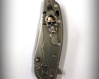 Handmade Titanium Clip with Bronze Skull for Rick Hinderer XM-18 XM-24 Knife, Raw Titanium Pocket Clip