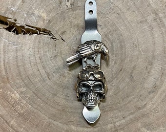 Handmade Titanium Clip with Pilot Skull and Raven for Rick Hinderer XM-18 XM-24 Knife. knife clip, Raw Titanium Pocket Clip.