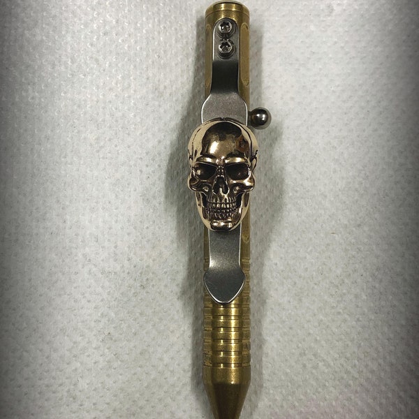 Handmade Titanium Clip with Bronze Skull for Fellhoelter Pen. Titanium Pocket Clip for TiBolt Pen.