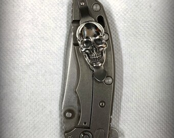 Handmade Titanium Clip with XXL Sterling Silver Skull for Rick Hinderer XM-18 XM-24 Knife. knife clip