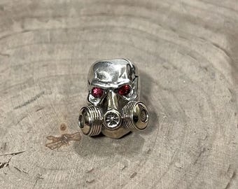 Silver Skull Mask Bead, Red Sapphire Eyes, Paracord Lanyard Bead