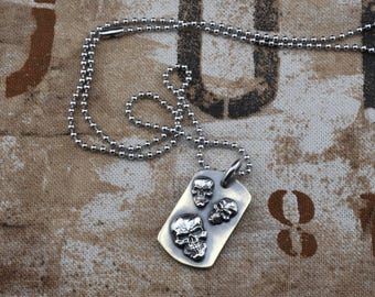 Exclusive Handmade Dog Tag pendant with 3 Sterling silver skull.