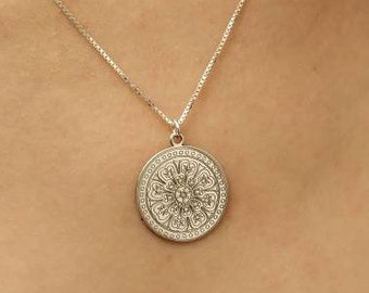 Flower Necklace - Mandala Pendant - Engraved Necklace - Mandala Charm - Women Gift - Yoga Jewelry - 925 Silver - Gold Plated -14k Solid Gold