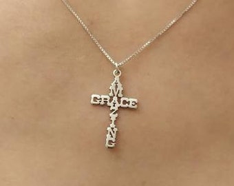 Cross Necklace - Amazing Grace Pendant - Religious Cross Charm - Christian Jewelry - Dainty Cross - Gift - 925 Silver - 14k Solid Gold