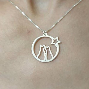 Silver Cat Necklace - Cat Lovers Pendant - Star Necklace - Moon Necklace - Cat Charm - Girl Necklace - Love Necklace - Birthday Gift