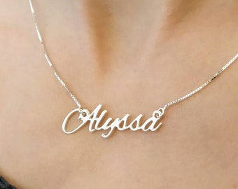 Sterling Silver - Personalized - Nameplate Necklace - Silver Name Pendant - Cursive Nameplate - Alyssa