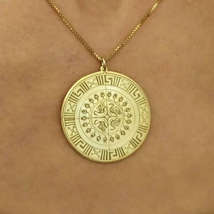 Gold Plated - Greek Necklace - Ancient Symbol - Symbol Pendant - Ancient Greek - Medallion Necklace - Greek Key - Pomegranates - Swans