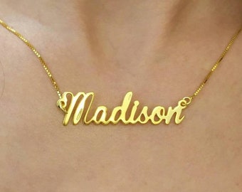 Custom Made Gold Plated Script Name Necklace - Cursive Nameplate Pendant - Madison