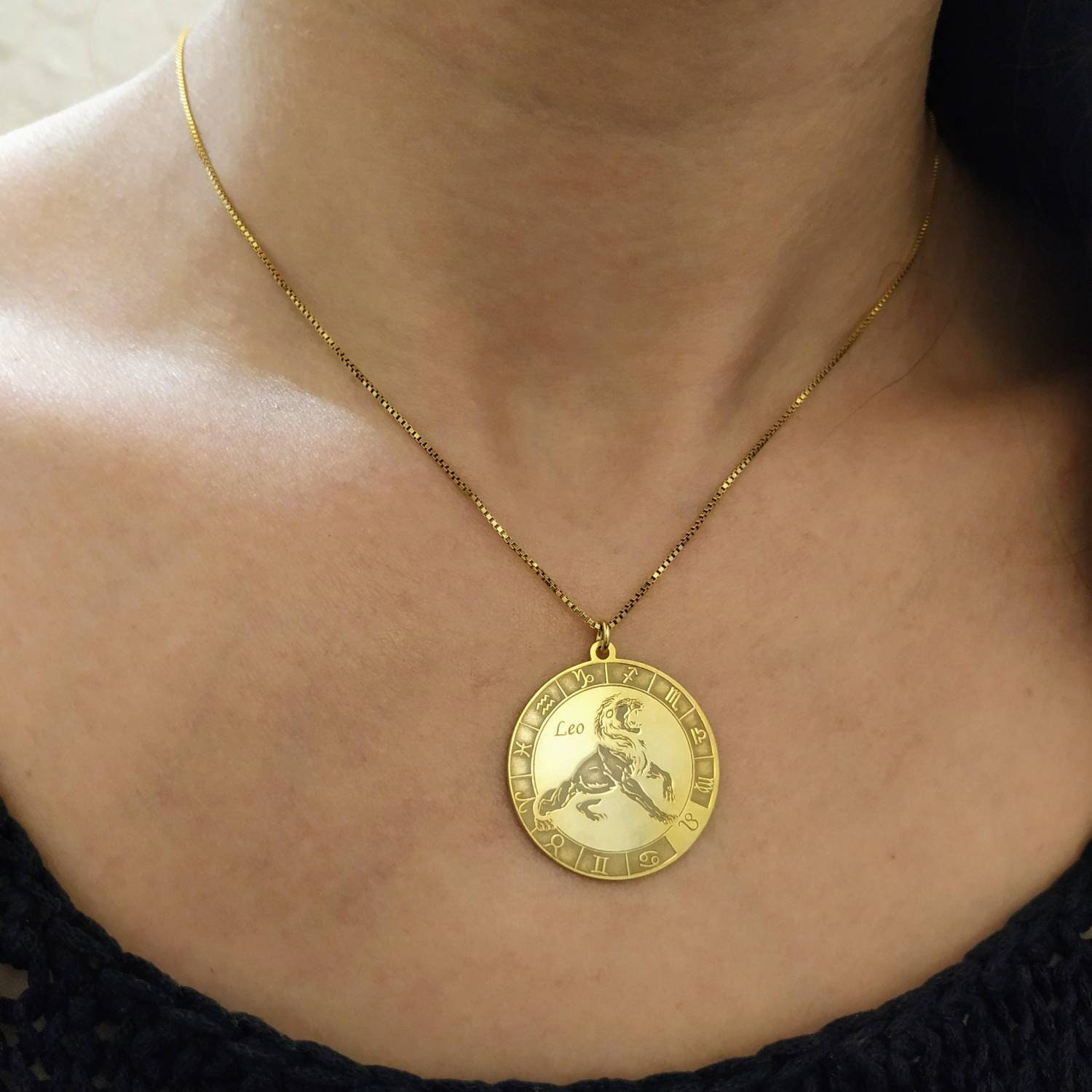 14k Solid Gold Leo Necklace Zodiac Sign Necklace Gold Etsy