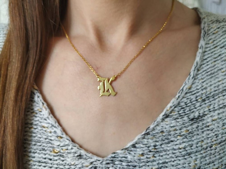 A-Z Necklace Charm 14K Yellow Gold Custom Lo Old English Initial Letter Pendant