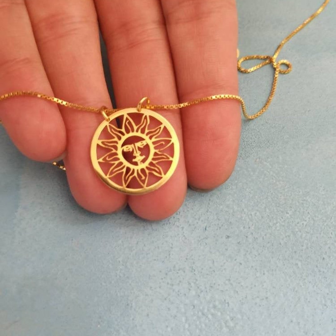 14k Solid Gold Sun Necklace Gold Sun Medal Sunburst Necklace Sunshine