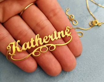 14k Solid Gold - Personalized Name - Nameplate Necklace - Gold Name Pendant - Big Name Jewelry - Script Name - Gift For Daughter - Katherine
