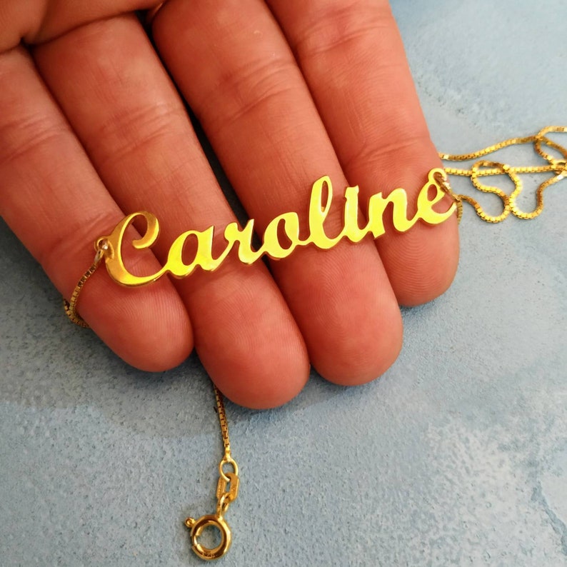 Big Name Necklace Customized Pendant Gold Name Chain Caroline 18k Gold Plated Cursive Nameplate