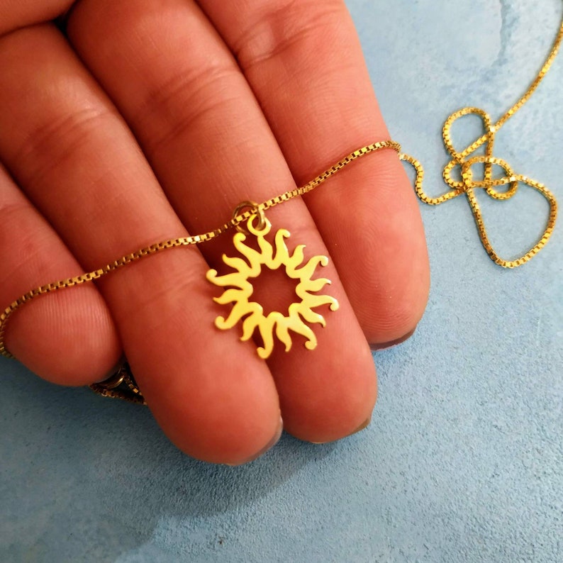 14k Solid Gold Sunburst Necklace Sun Charm Celestial Etsy