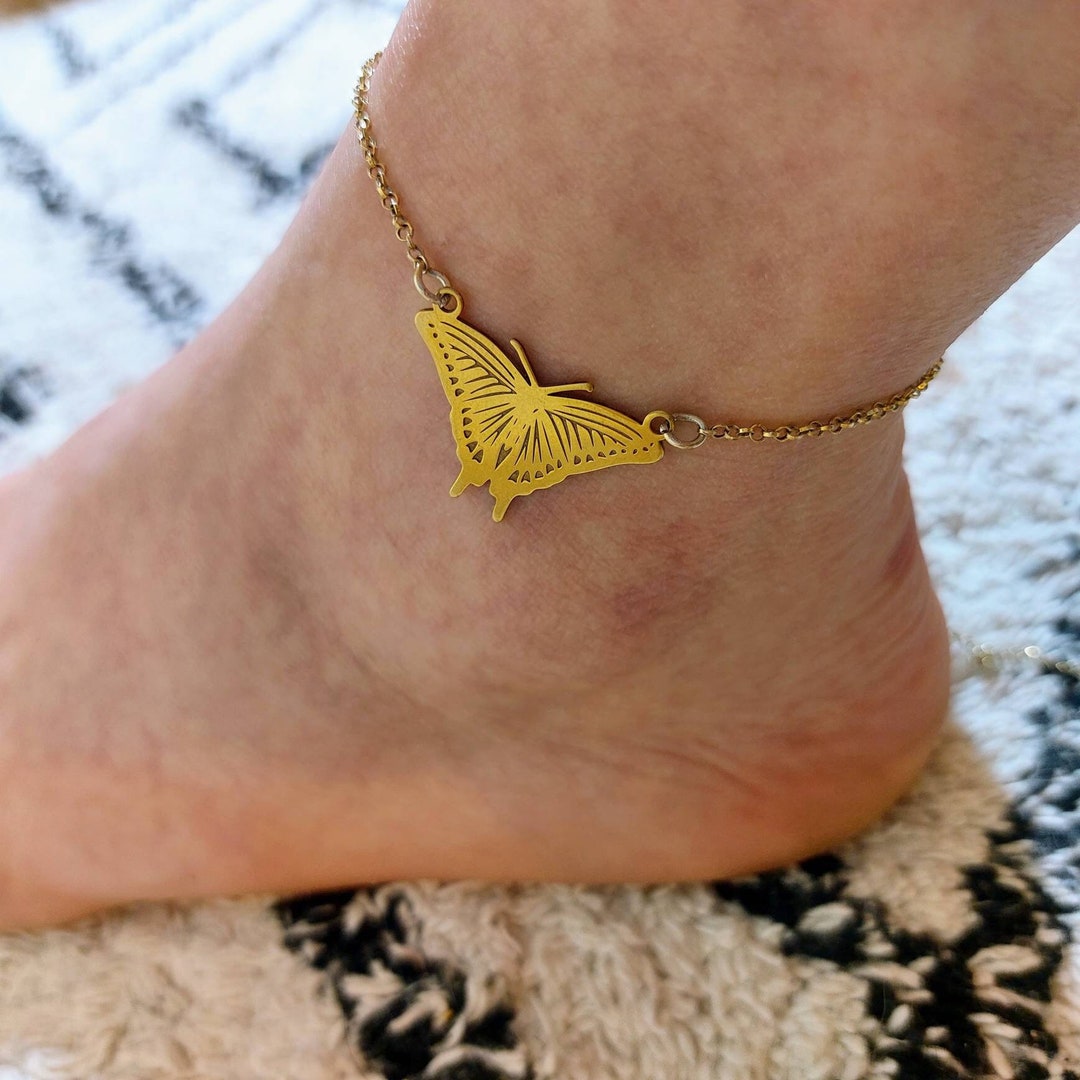 14k Gold Butterfly Charm Anklet Bracelet Butterfly Anklet Etsy