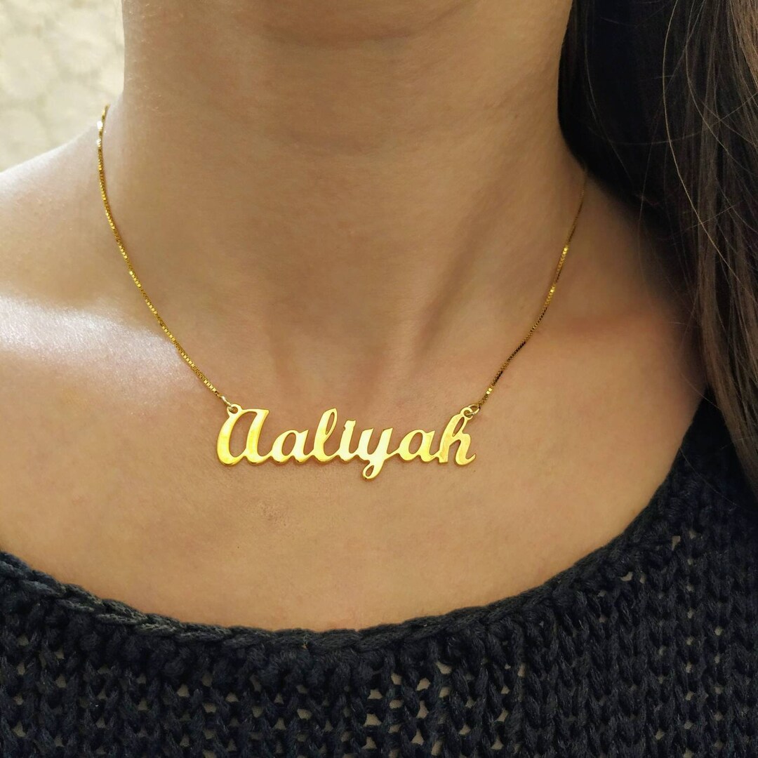 18k Gold Plated Big Name Necklace Custom Made Necklace Gold Name Pendant Cursive Font Aaliyah Etsy Israel