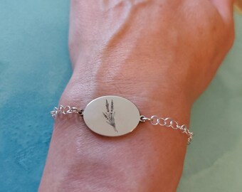 Lavender Bracelet - Birth Flower - Ellipse Charm - Flower Jewelry - Signet Dainty Bracelet - Birthday Gift For Wife - 925 Silver - 14k Gold