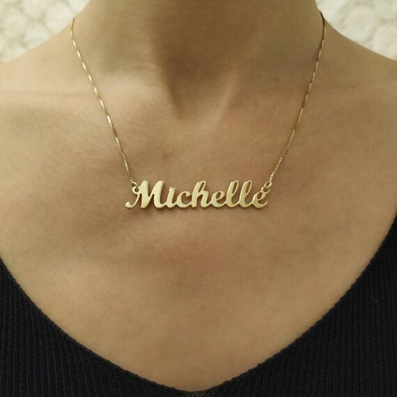 14K Real Gold - Big Gold Nameplate - Customized Name - 14K Name Chain - Name Necklace Gold - Cursive Name - Personalized Gift - Michelle