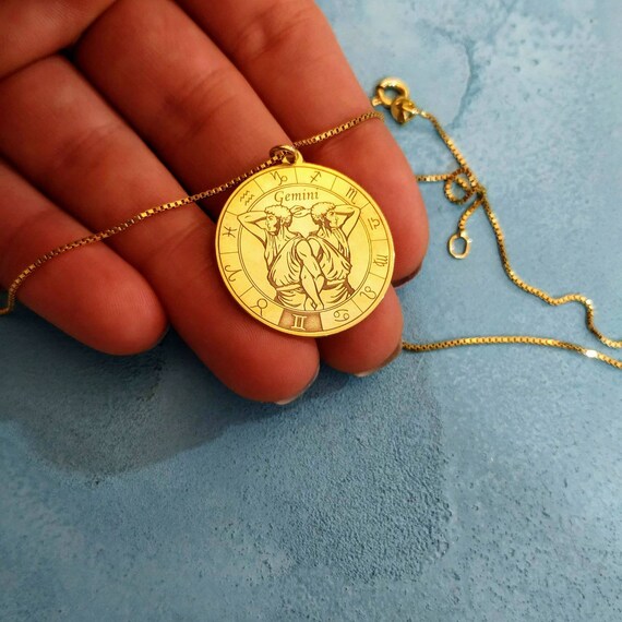 14k Solid Gold Gemini Necklace Zodiac Necklace Horoscope Etsy