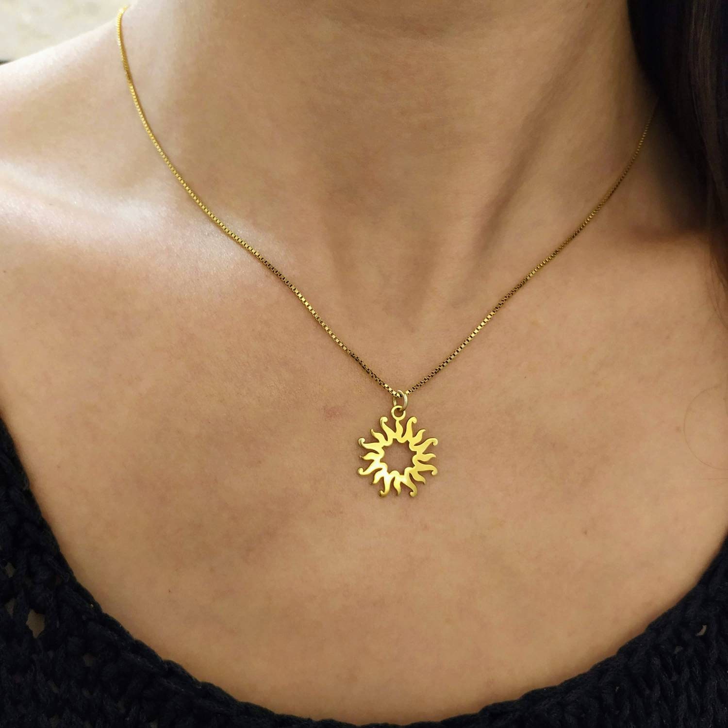 14k Solid Gold Sunburst Necklace Sun Charm Celestial Etsy