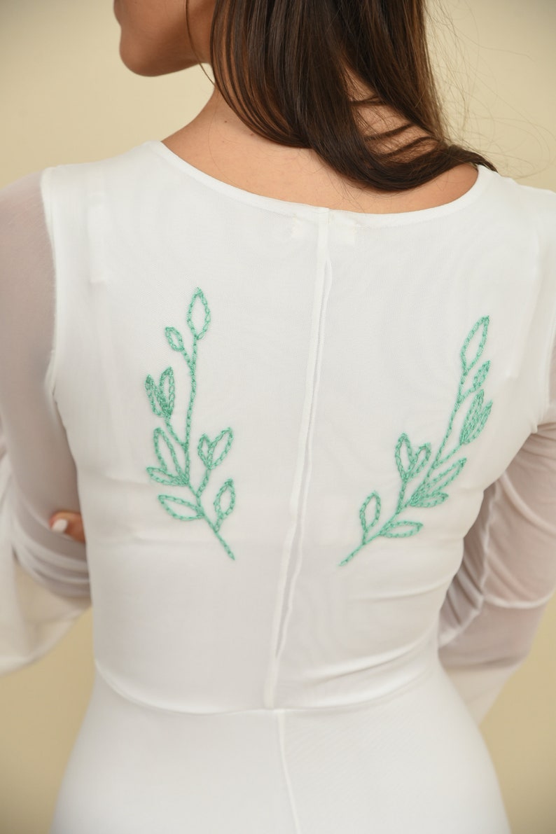 Mint green wedding dress embroidered long sleeve vintage wedding dress elopement wedding dress