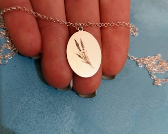 Lavender Necklace - Flower Charm - Ellipse Pendant - Engraved - Flower Signet - June Birth Flower - Gift - 925 Silver - 14k Solid Gold