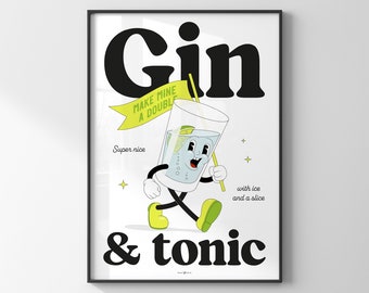 Gin and tonic print / Vintage retro cocktail poster / Bar cart decor / Kitchen gift ideas / Retro cartoon wall art print