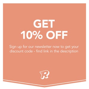 May include: A peach-colored graphic with white text that reads "GET 10% OFF". Below the text is a smaller white text that reads "Sign up for our newsletter now to get your discount code - find link in the description". The graphic has a white stylized letter "R" at the bottom.