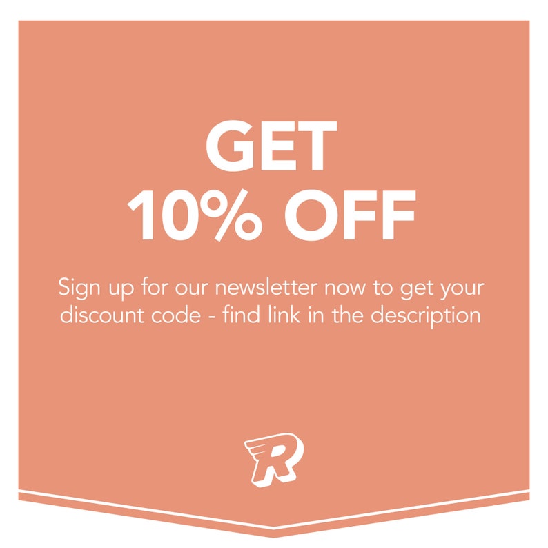 May include: A peach-colored graphic with white text that reads "GET 10% OFF". Below the text is a smaller white text that reads "Sign up for our newsletter now to get your discount code - find link in the description". The graphic has a white stylized letter "R" at the bottom.