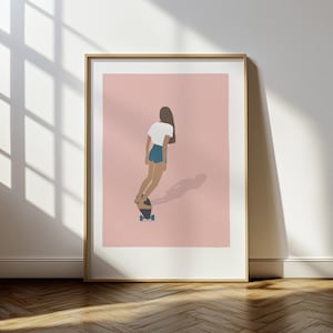 Arte de parede de garota skatista retrô - pôster minimalista de skate, impressão vintage, decoração estética de quarto