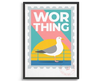 Worthing travel poster / Modern vintage art print / Custom UK seaside town gift