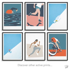 May include: Six minimalist illustrations of different sporting activities. The illustrations are in a flat style and feature a swimmer, a runner, a skier, a cyclist, a runner, and a hiker. The illustrations are all set against a colourful background.