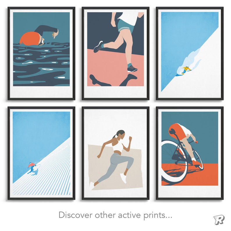 May include: Six minimalist illustrations of different sporting activities. The illustrations are in a flat style and feature a swimmer, a runner, a skier, a cyclist, a runner, and a hiker. The illustrations are all set against a colourful background.