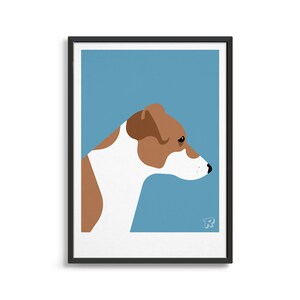 May include: A digital illustration of a brown and white dog with a blue background. The dog is looking to the right of the image.