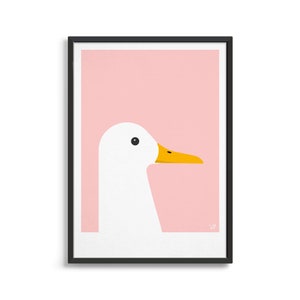 May include: A white duck with a yellow beak and a black eye is shown in profile against a pink background. The duck is facing to the right of the image.