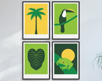 Set of 4 minimal tropical art prints in bold colours / Toucan, tree frog, elephant leaf and palm tree