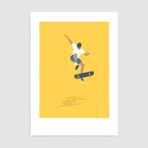 May include: A person wearing a white shirt and blue shorts is jumping in the air while holding a skateboard. The skateboard is black with white wheels. The background is a solid yellow colour.