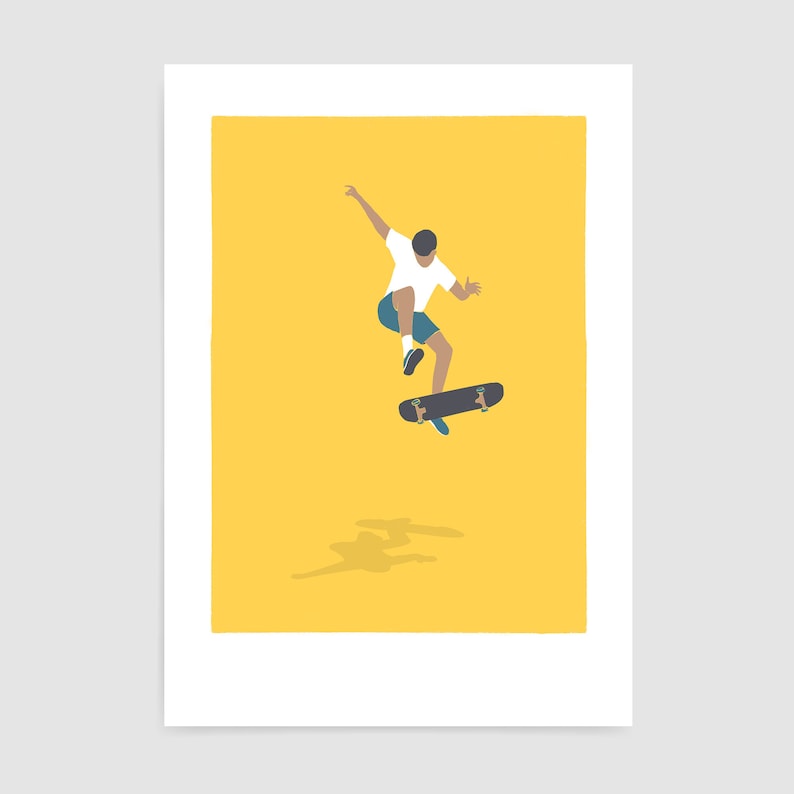 May include: A person wearing a white shirt and blue shorts is jumping in the air while holding a skateboard. The skateboard is black with white wheels. The background is a solid yellow colour.
