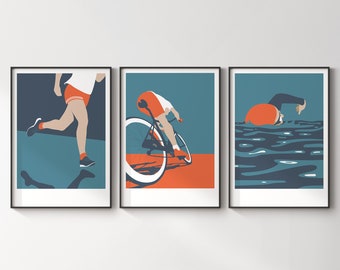 Conjunto de 3 impresiones de arte de triatlón / Ideas de conjuntos de regalos para triatletas / Estilo de serigrafía de mediados de siglo / Tríptico de carteles de carreras de ciclismo de natación