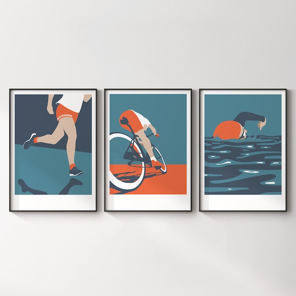 Set of 3 triathlon art prints / Triathlete gift set ideas / Midcentury screen print style / Swim cycle run poster triptych