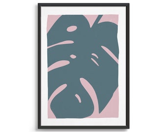 Monstera leaf art print in a simple screenprint style