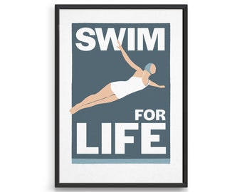 Art deco style swim for life bathroom print / Retro vintage swimming poster for bathroom decor