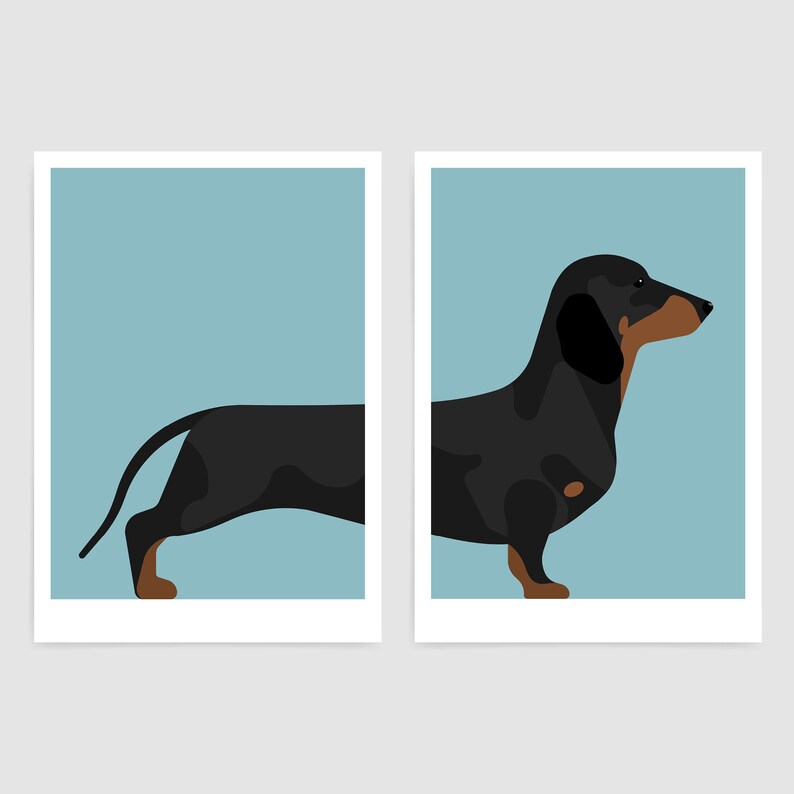 May include: A two-part art print set featuring a black and tan dachshund dog. The left panel shows the rear section with a tail, and the right panel shows the front section with the head and chest, both set against a solid light blue background.