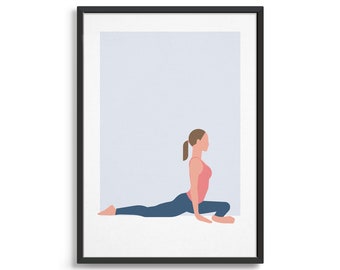 May include: A woman in a pink tank top and blue trousers performs a yoga pose, with one leg extended forward and the other bent behind her. The background is a light blue colour.