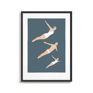 Diving art print / Vintage retro swimming poster / Art Deco style swimmers / Gift ideas for bathroom wall decor