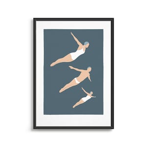 Diving art print / Vintage retro swimming poster / Art Deco style swimmers / Gift ideas for bathroom wall decor