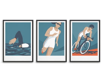 Set of 3 female triathlon art prints / Triathlete gift set ideas / Triathlon poster / Swim cycle run poster triptych