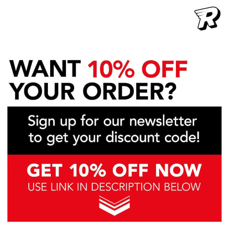 May include: A graphic with the text "WANT 10% OFF YOUR ORDER?" in black and red. It promotes signing up for a newsletter to get a discount code. The bottom section reads "GET 10% OFF NOW" and includes a link in the description.