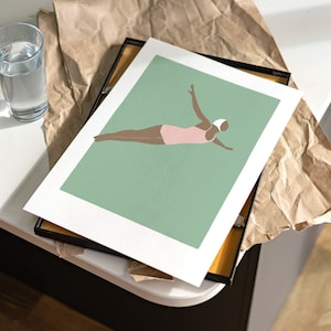 Diving girl art print / Calming green bathroom art deco print / Swimming art