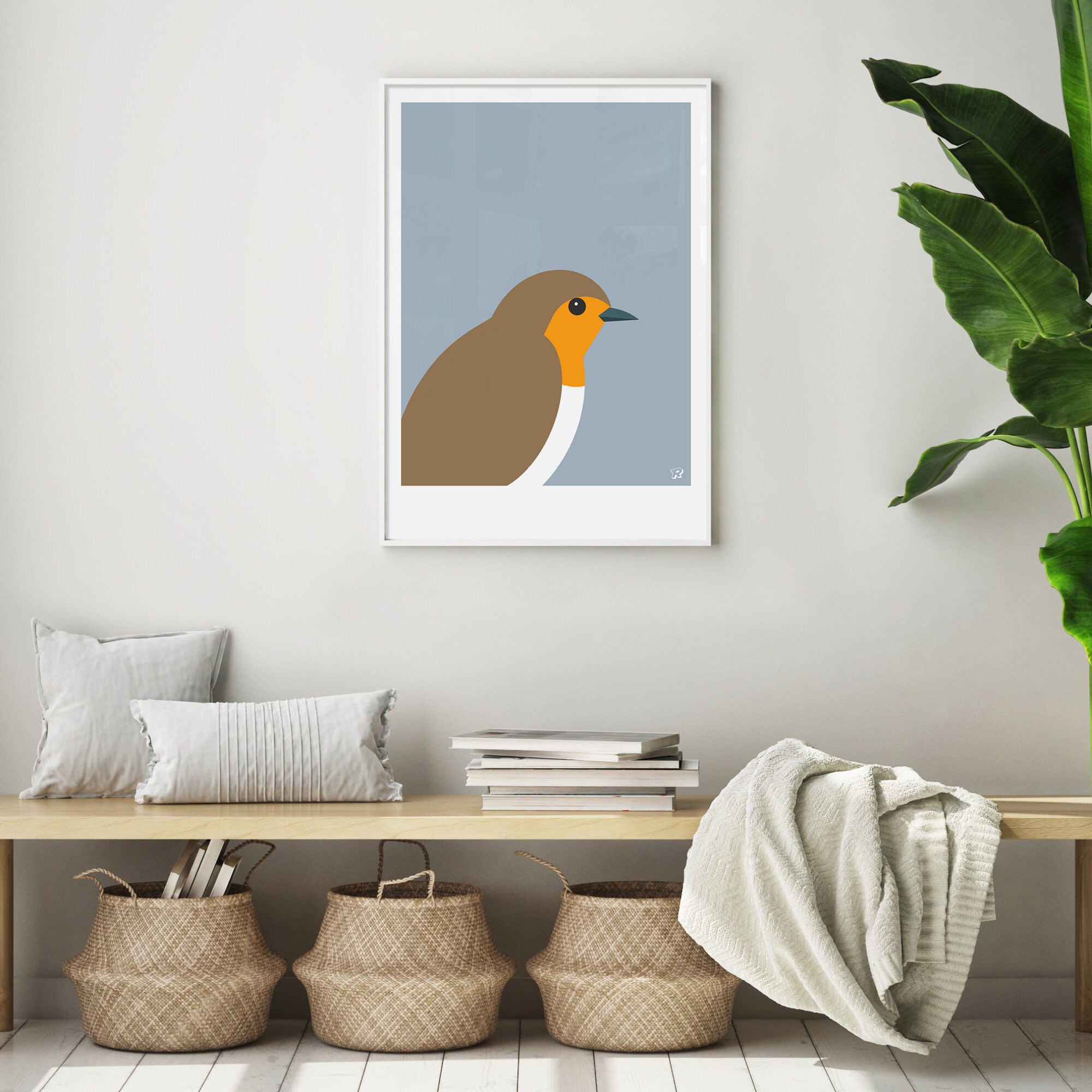 Modern bird print / Robin British bird wall art / Minimal | Etsy